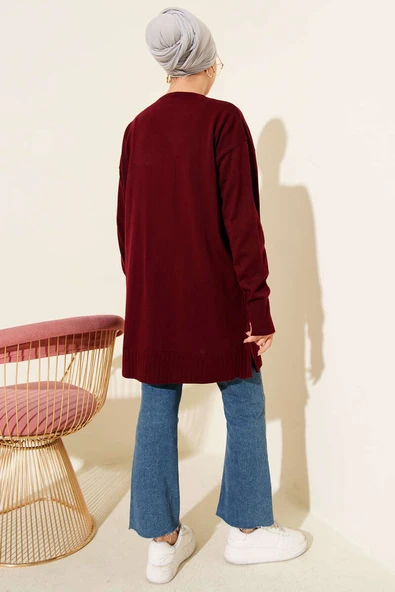 Büyük Çiçek Desenli Triko Tunik Bordo - Resim 3