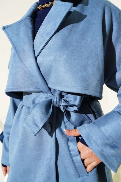 Süet Pelerinli Kuşaklı Trençkot Mavi - Resim 4
