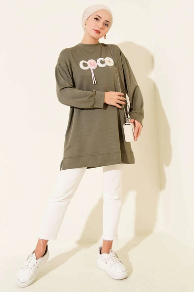 Loyşa Coco Yazı Süslemeli Tunik Haki - Resim 2