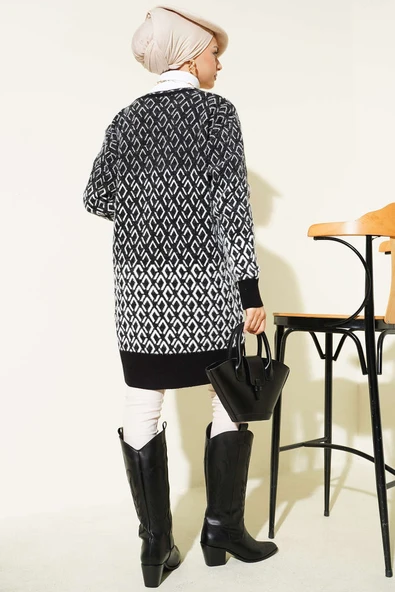 Baklava Desen Sakallı Düğmeli Triko Hırka Siyah - Resim 3