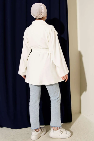 Omuz Apoletli Tensel Trençkot Ekru - Resim 3