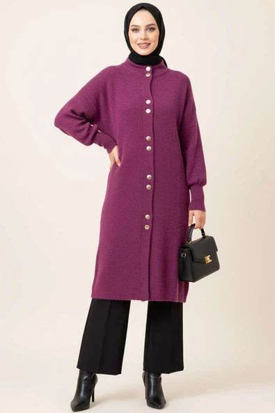 Metal Düğmeli Uzun Sakallı Hırka Mürdüm ürün görseli 1