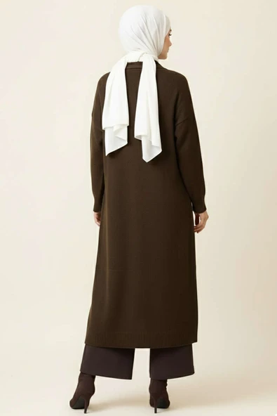 Şal Yaka Uzun Triko Hırka Kahve - Resim 3