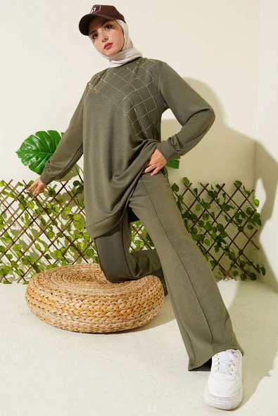 Çapraz Taş Süslemeli İkili Takım Haki ürün görseli 1