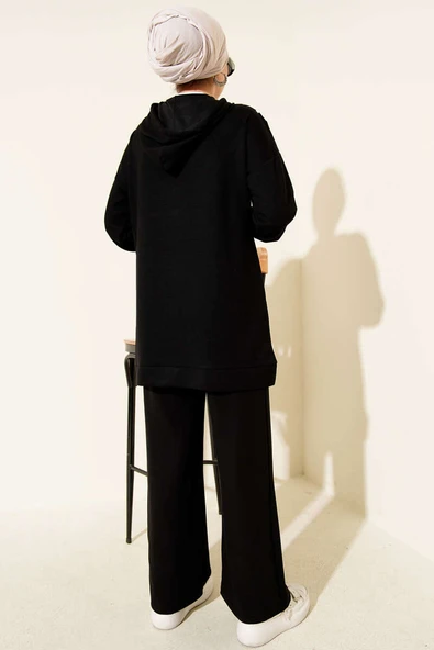 Şeritli Yarım Fermuarlı Loyşa İkili Takım Siyah - Resim 3