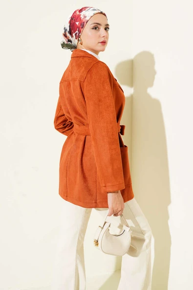 Düğmeli Kuşaklı Süet Ceket Kiremit - Resim 3