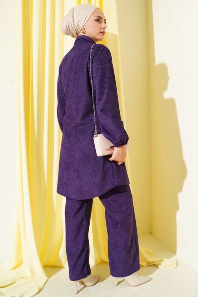 Yan Bağlamalı Kadife Fitilli İkili Takım Mor - Resim 3