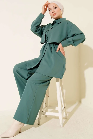 Göğüs Parçalı İp Kuşaklı İkili Takım Petrol Yeşili ürün görseli 1
