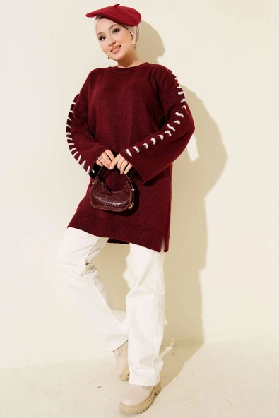 Kol Bağcık Detaylı Triko Tunik Bordo - Resim 2