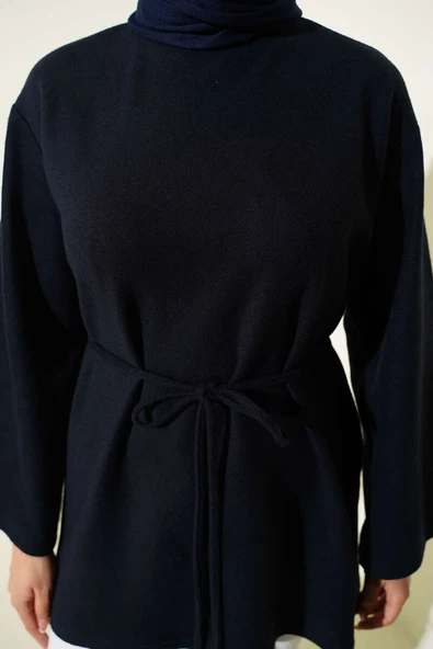 Geniş Kollu Fitilli Kaşe Tunik Lacivert - Resim 4