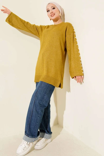 Kol Bağcık Detaylı Triko Tunik Yağ Yeşili - Resim 2