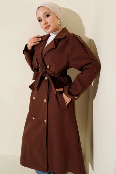 Omuz Apoletli Düğme Detaylı Kaşe Kaban Kestane ürün görseli 1