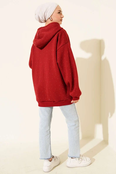 Serpme Taşlı Üç İplik Hırka Bordo - Resim 3