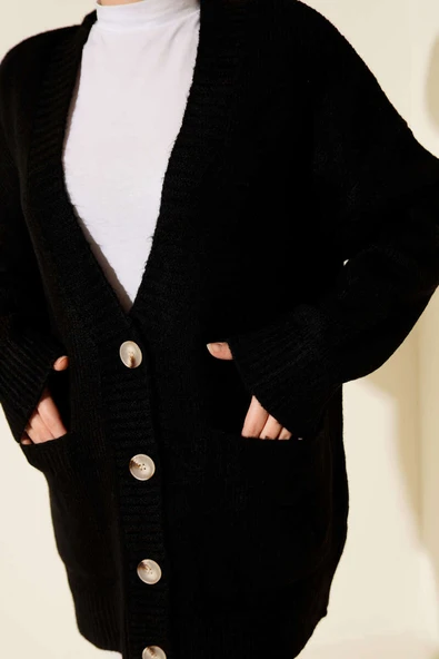 Çift Cepli Düğmeli Triko Hırka Siyah - Resim 4