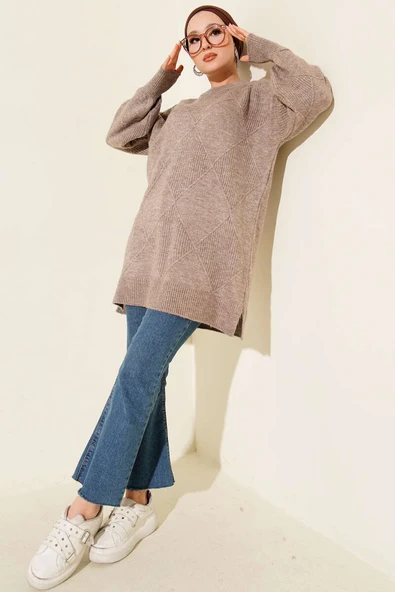 Baklava Kabartma Yumoş Triko Tunik Vizon - Resim 2