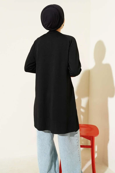 Çizgi Kabartmalı Merserize Triko Tunik Siyah - Resim 3