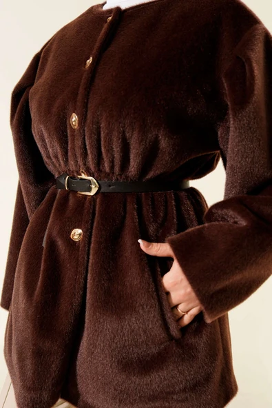 Gold Düğmeli Kemerli Goldfox Ceket Kahve - Resim 4