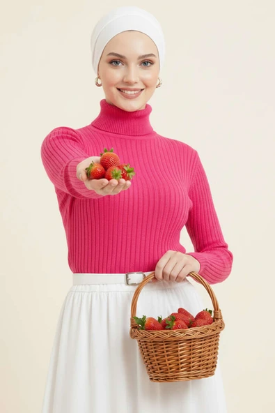 Balıkçı Yaka Fitilli Triko Kazak Pembe ürün görseli 1