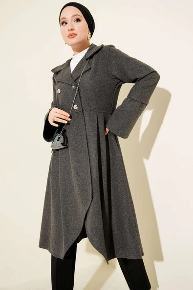 Kruvaze Yaka Asimetrik Kaşe Kaban Füme ürün görseli 1