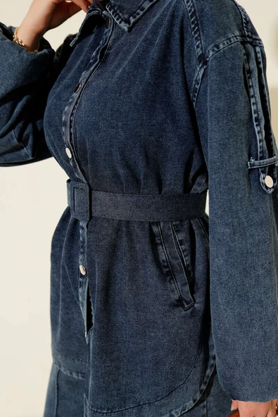 Metal Düğmeli Omuz Apoletli Kot İkili Takım Koyu Mavi - Resim 4