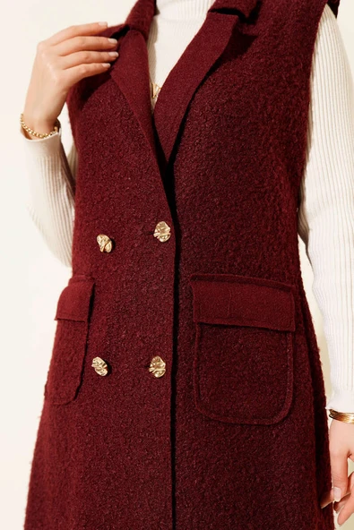 Düğmeli Uzun Buklet Yelek Bordo - Resim 4