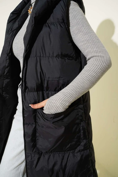 Kapüşonlu Cepli Uzun Şişme Yelek Siyah - Resim 4