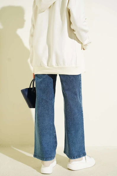 Kuşaklı Geniş Paça Kot Pantolon Orta Mavi - Resim 3