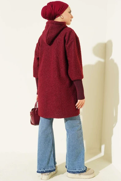 Kol Ribanalı Kapüşonlu Buklet Kap Bordo - Resim 3