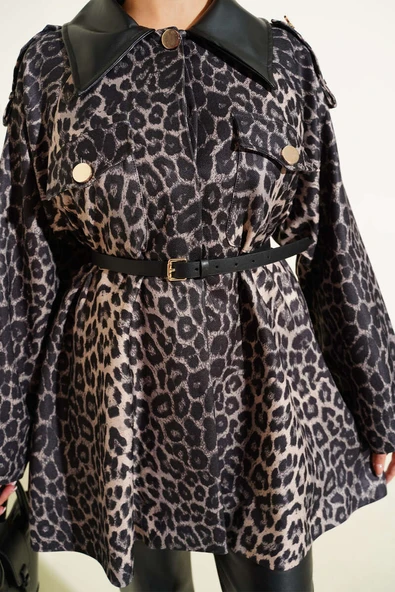 Deri Yaka Garnili Leopar Desenli Ceket Siyah - Resim 4