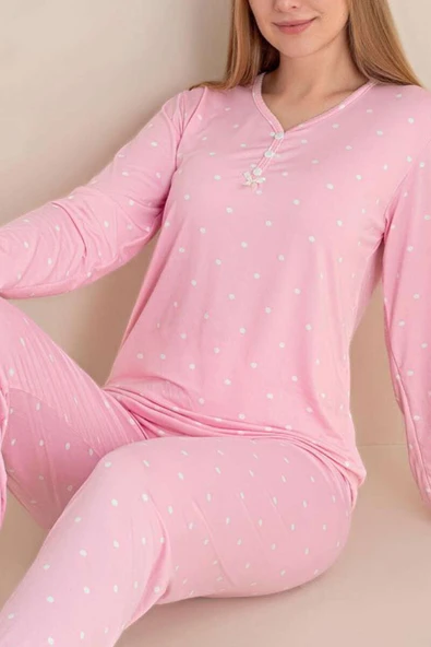 Üç Düğmeli Puantiyeli Pijama Takımı Pembe - Resim 2