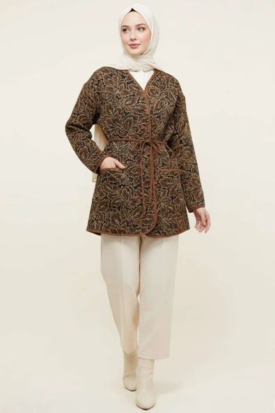 Çiçek Desenli Cepli Ceket Kahve - Resim 2