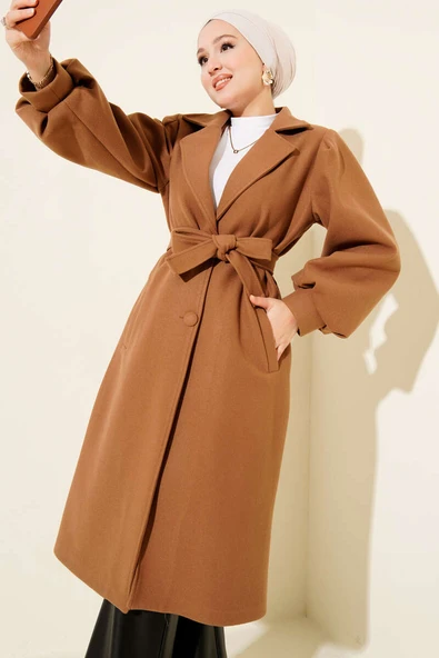 Kruvaze Yaka Balon Kol Kuşaklı Kaşe Kaban Camel ürün görseli 1