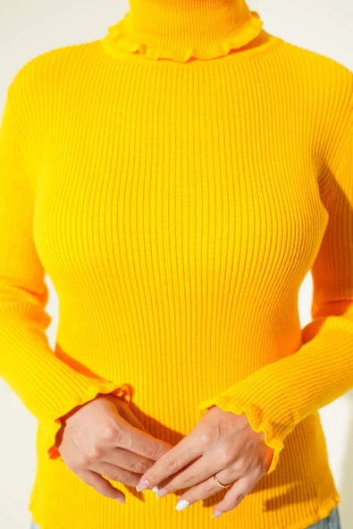 Balıkçı Yaka Fırfırlı Triko Kazak Sarı - Resim 4