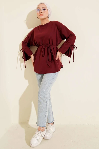 Kolları Bağcıklı İki İpli Tunik Bordo - Resim 2