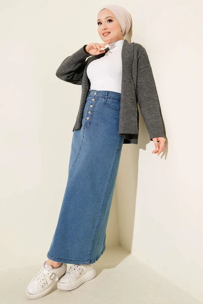 Beş Düğmeli Kot Etek Mavi - Resim 2