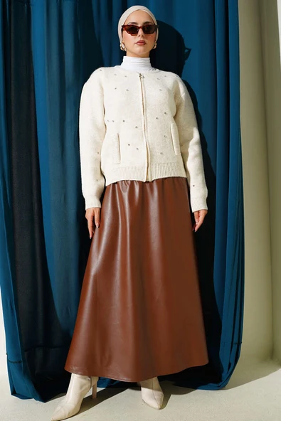 Taşlı Fermuarlı Kısa Triko Hırka Taş - Resim 2