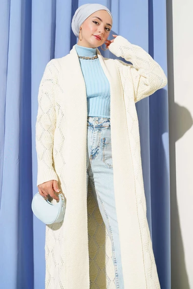 Şal Yaka Örgü Desenli Uzun Triko Hırka Taş - Resim 2