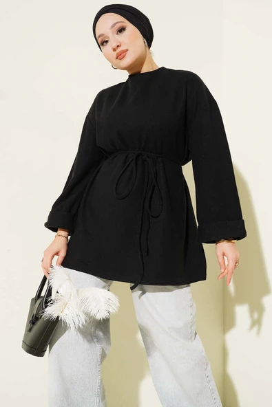 İp Bağlamalı Fitilli Kaşe Tunik Siyah ürün görseli 1