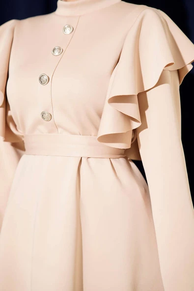 Omuz Fırfırlı Kuşaklı Scuba İkili Takım Bej - Resim 4