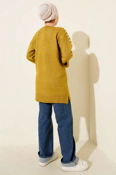 Kol Bağcık Detaylı Triko Tunik Yağ Yeşili - Resim 3