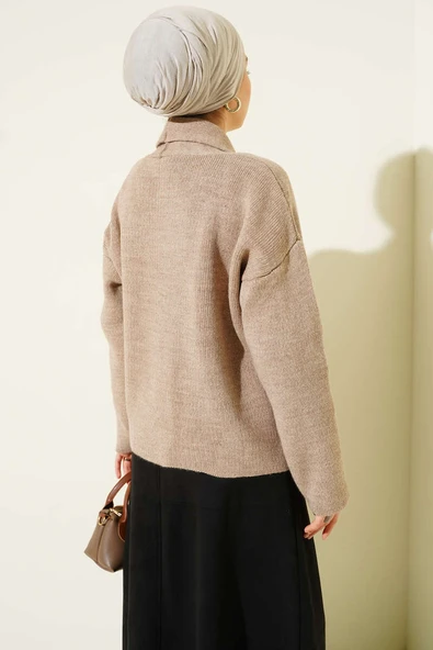 Çift Gold Düğmeli Kısa Triko Hırka Bej - Resim 3