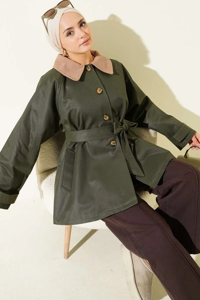 Kadife Yaka Kuşaklı Trençkot Haki ürün görseli 1