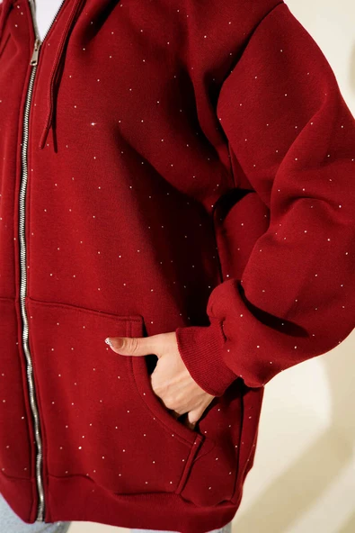 Serpme Taşlı Üç İplik Hırka Bordo - Resim 4