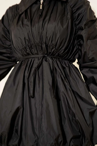 Kol Büzgülü Fermuarlı Trençkot Siyah - Resim 4