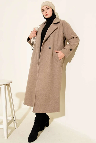 Kruvaze Yaka Uzun Kaşe Kaban Vizon - Resim 2