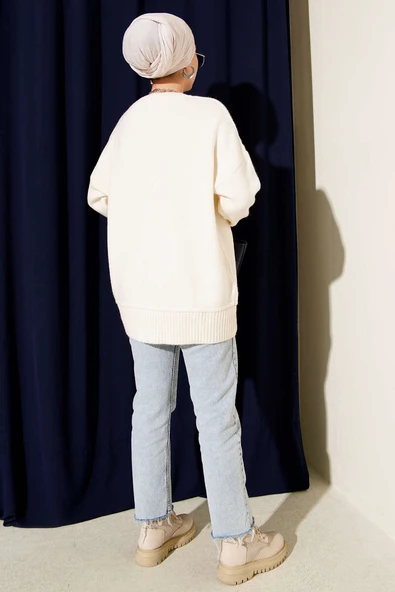 Alt Dikişli Yumoş Triko Tunik Ekru - Resim 3