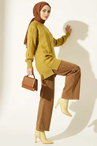 Sarmal Kabartmalı Yumoş Triko Tunik Yağ Yeşili - Resim 2