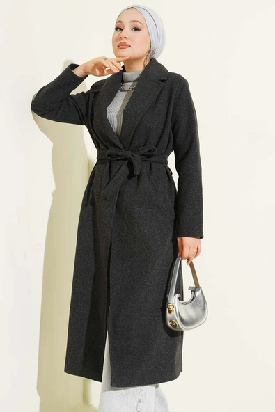 Kruvaze Yaka Kuşaklı Astarlı Kaban Antrasit - Resim 2