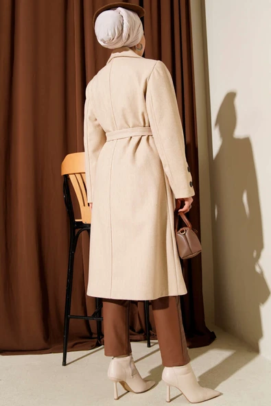 Kol Düğmeli Kuşaklı Kaşe Kaban Bej - Resim 3