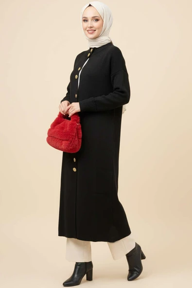 Metal Gold Düğmeli Uzun Triko Hırka Siyah ürün görseli 1